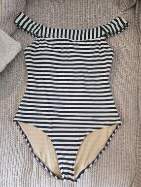 Old NAVY - Navy and White Striped Off-Shoulder One-Piece Swimsuit